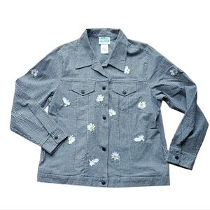 The Quaker Factory Size Large Black and White Checkered Jacket Floral Embroidery